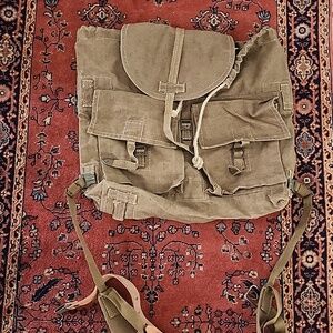 Vintage Canvas Backpack European Great Cond Big Leather Details